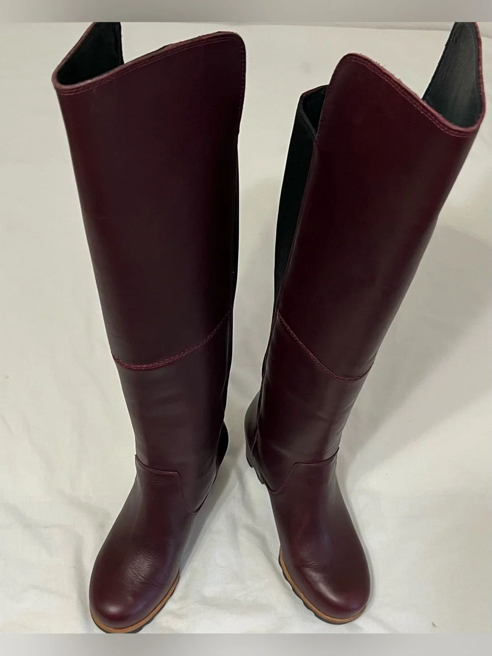 NWOB SOREL Fiona Lux Burgundy Leather Over-the-Knee Wedge Boots Size 8